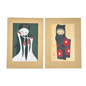(Lot of 2) Kaoru Kawano (Japanese, 1916-1965) "Little Girl, Camelia" and "Grir and Four Cranes"