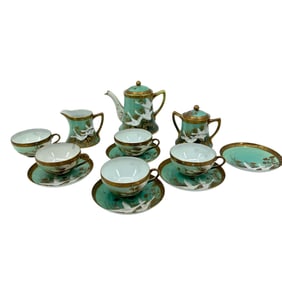 Vintage Nippon Hand Painted Crane Green Tea Set