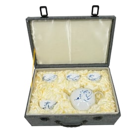 Lotus White & Blue Asian Tea Set In Case