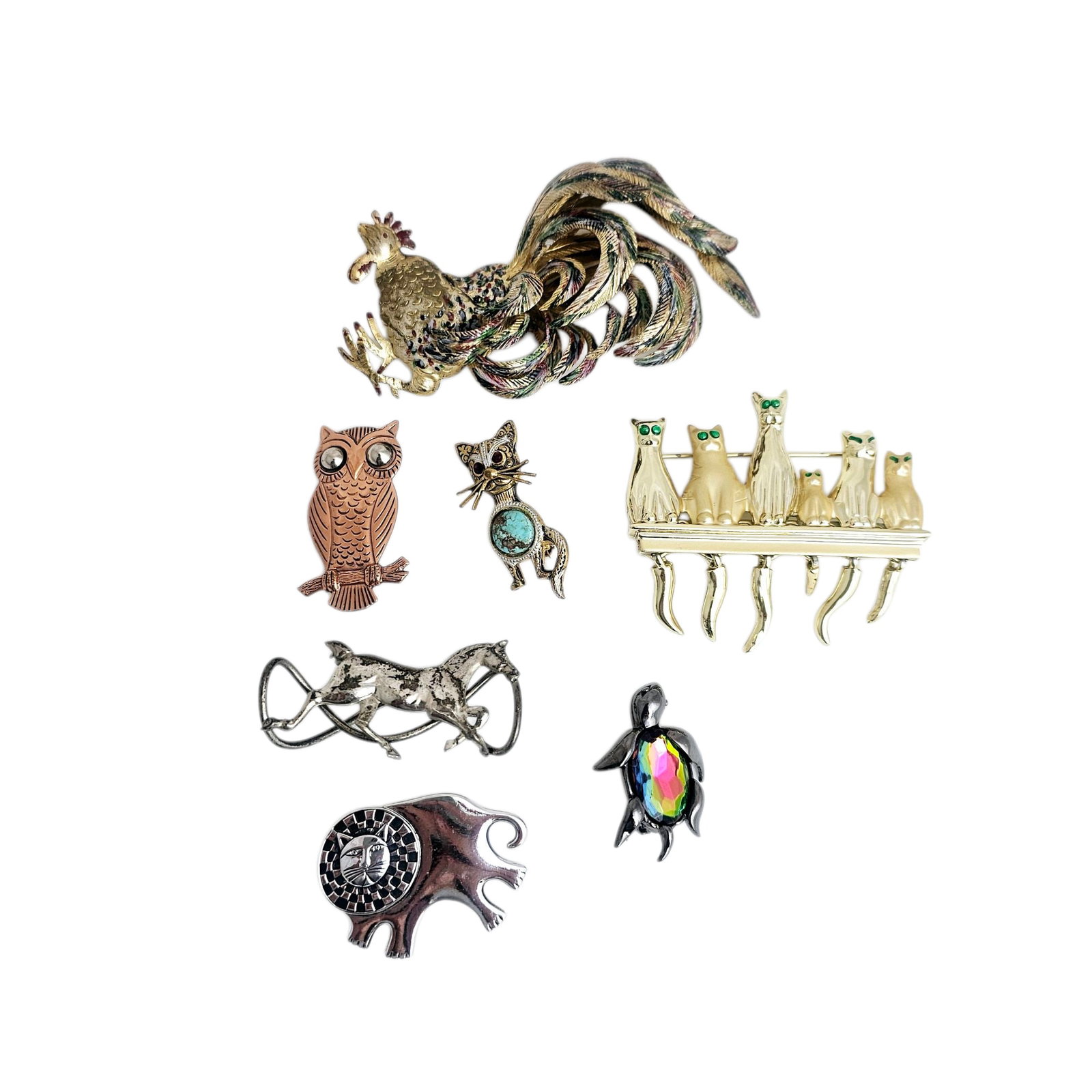 Collection of Vintage Costume Animal Pins: Collection of seven, including a gold-tone, enamel rooster measuring approximately 3.50 x 1.80 inches; a gold-tone, enamel group of cats with articulating tails measuring approximately 2.40 x 2.20 inc