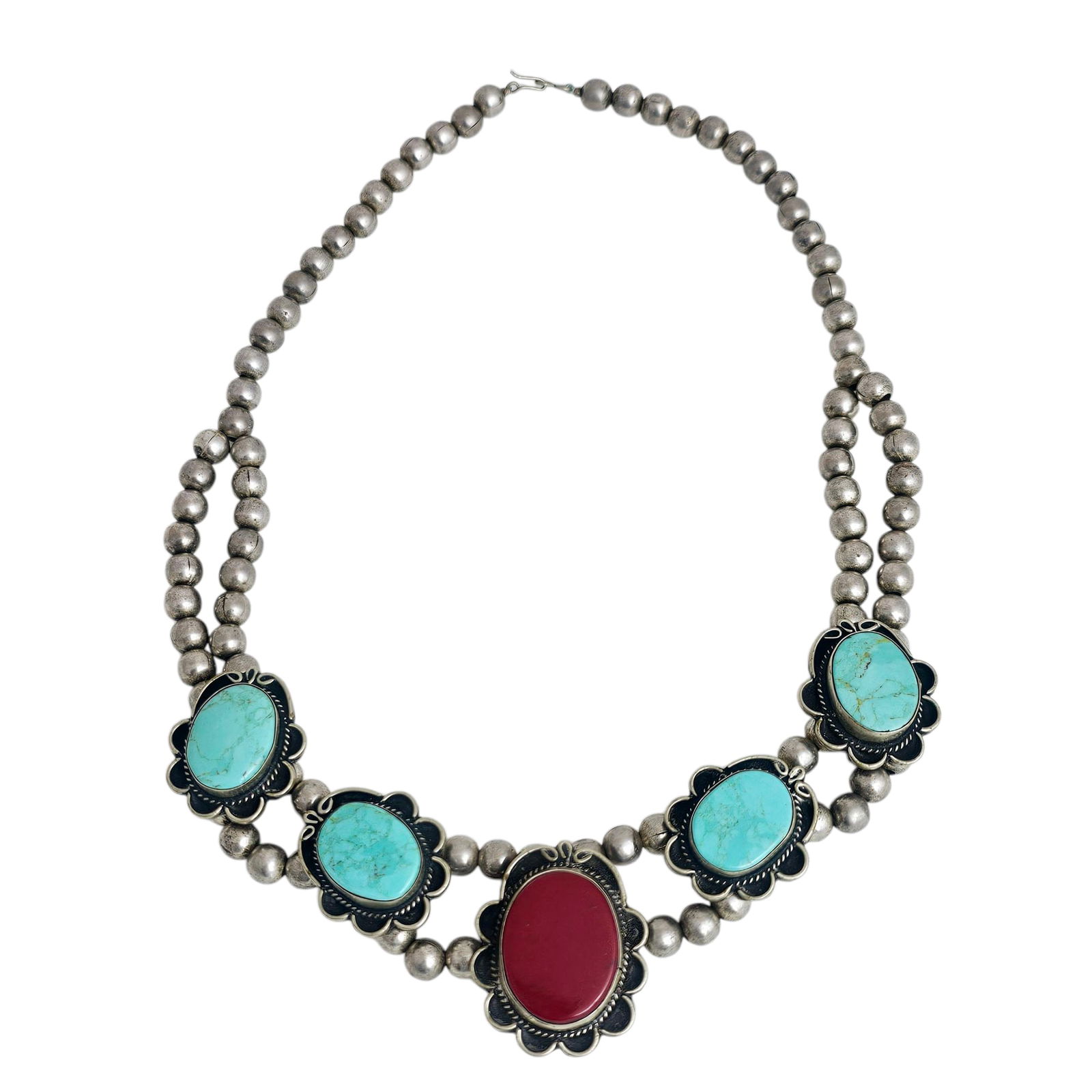 Mexican Sterling, Turquoise, and Coral Necklace (1 of 5)