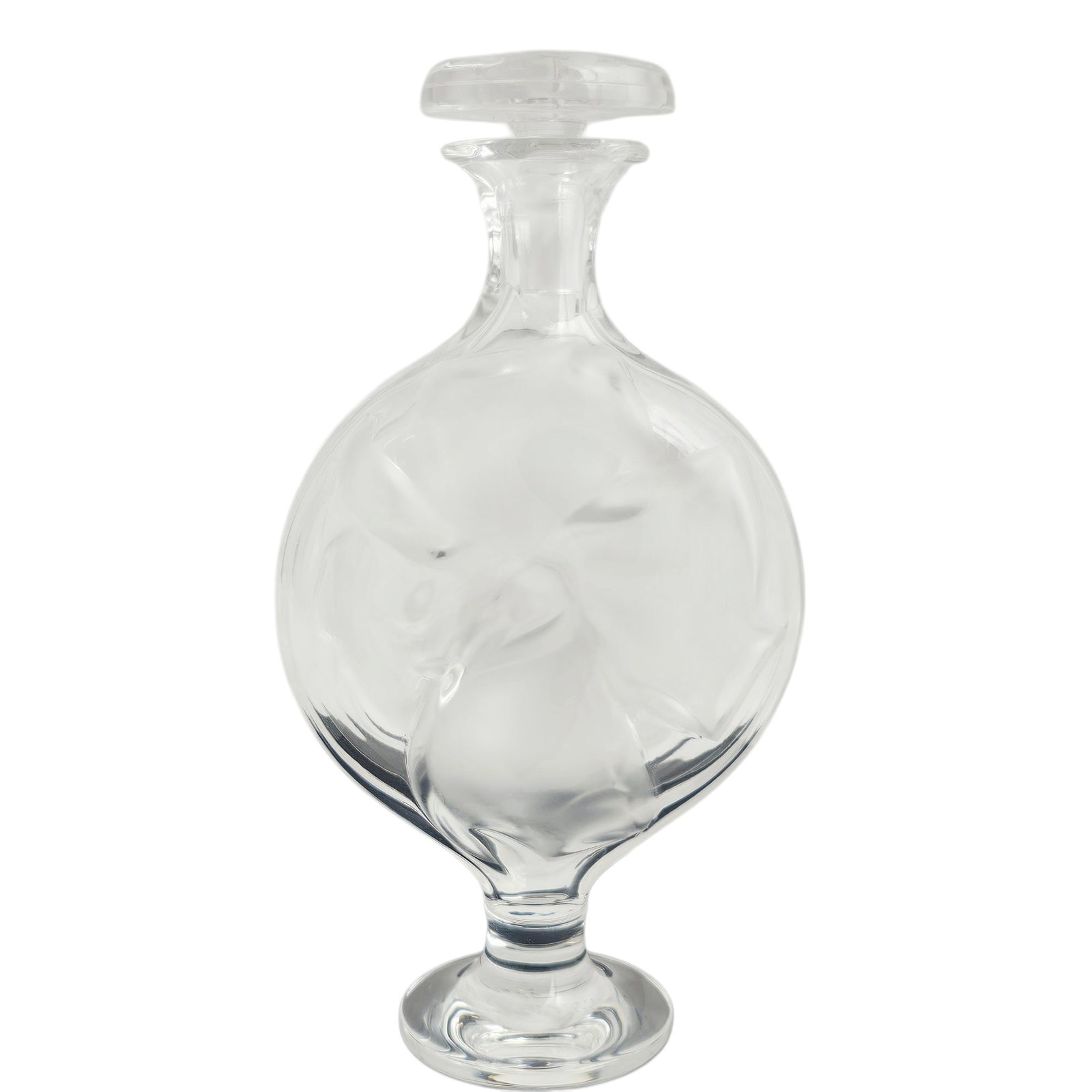 Lalique Moulin Rouge Flower Perfume Bottle: Perfume bottle from Lalique France, as signed, with frosted flower shapes in a concave form on each side and for the stopper. Measures 6.75" h x 3.5" w. Absence of a condition report d