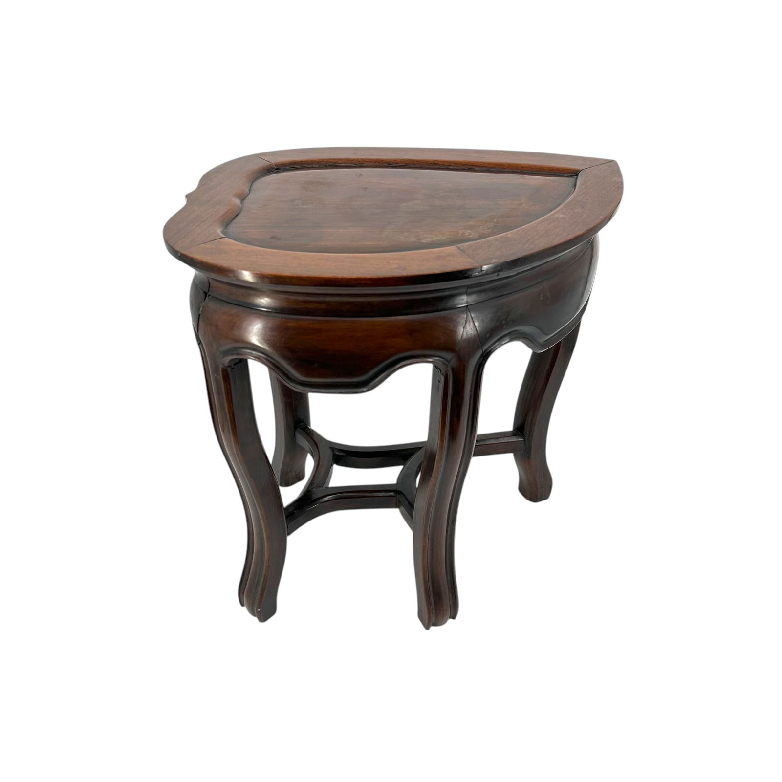 Peach Shaped Chinese Hardwood Accent Table: Heart/peach shaped Chinese hardwood petite accent table, pedestal or plant stand. Condition is good, normal wear and tear due to age.