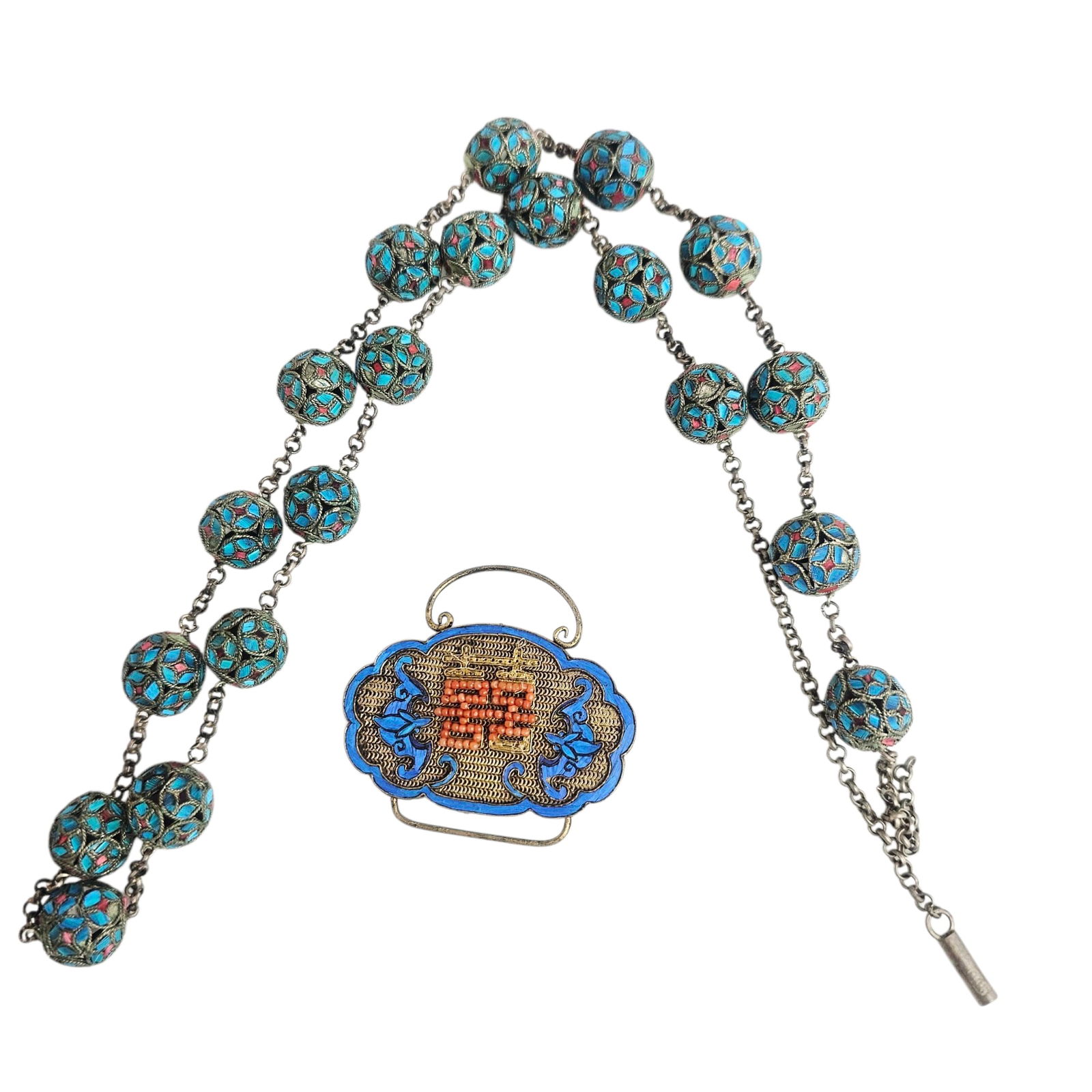 (Lot of 2) Chinese Kingfisher and coral ornaments, including a filigree beaded necklace and buckle (1 of 7)