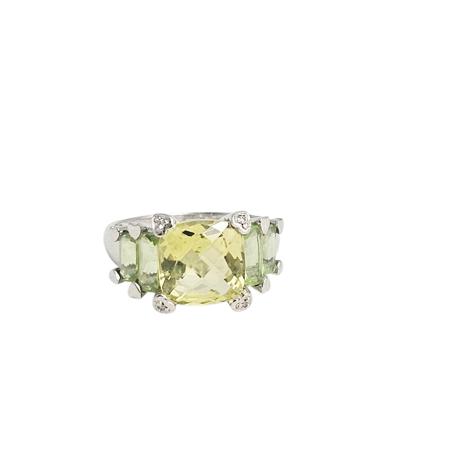 Prasiolite, Diamond, 14k White Gold Ring: Centering one checkerboard-cut prasiolite measuring approximately 10.0 x 10.0 mm, accented by four rectangular-cut prasiolite, further accented by four full-cut diamonds weighing a total of appro