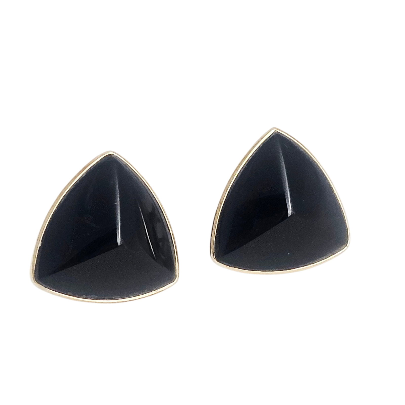Pair of Onyx, 14k Yellow Gold Earrings: Each centering a convex, triangle shape onyx cabochon, set in a 14k yellow gold post-style earring mounting measuring approximately 0.93 x 0.93 inches. Gross weight: 9.9 grams. Absence of a condition 
