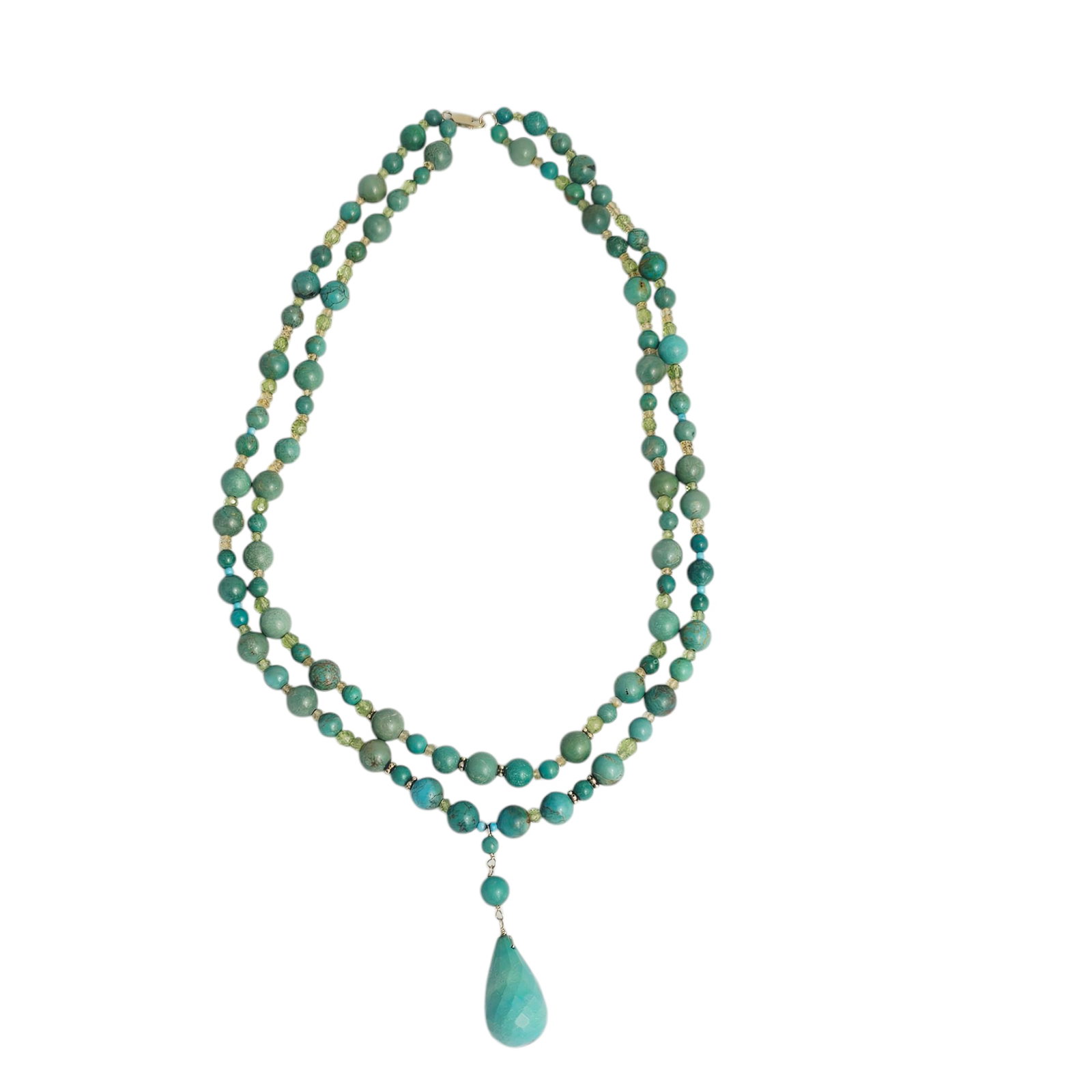 Turquoise, Peridot, Citrine, 14k Necklace: Featuring a pear-shape turquoise drop measuring approximately 25.5 x 14.0 mm (0.95 x 0.47 inches), suspended by numerous round turquoise beads measuring from approximately 8.0 to 5.0 mm, interspa