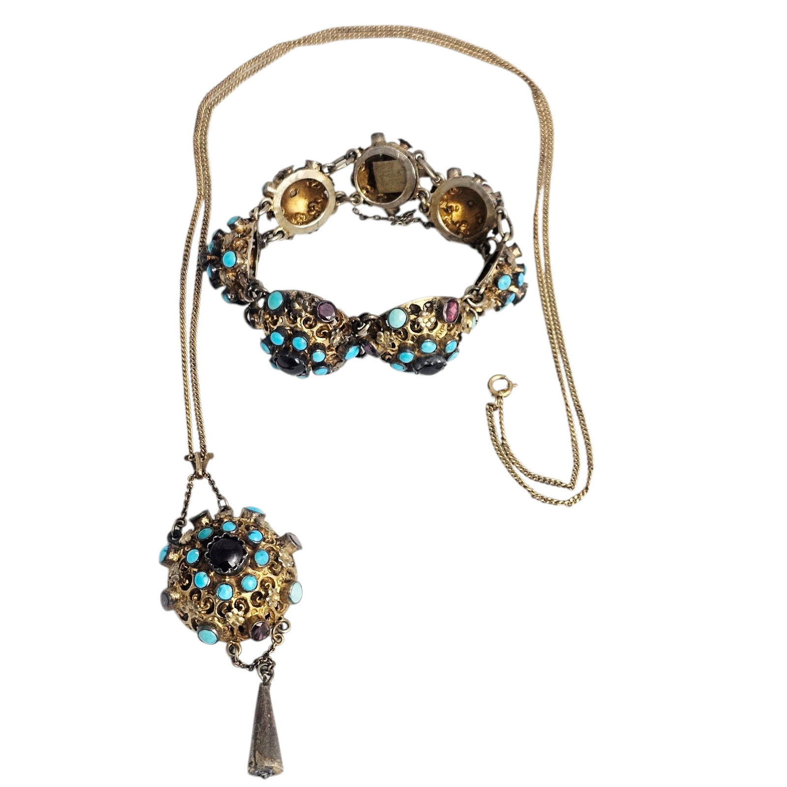 Austro-Hungarian Multi-Stone, Gilt Silver Jewelry Suite: Featuring turquoise, glass "turquoise" and garnets, set in a floral motif, gilt silver pendant measuring approximately 2.95 x 1.15 inches, suspended by a gold-filled, 24 inch curb link 