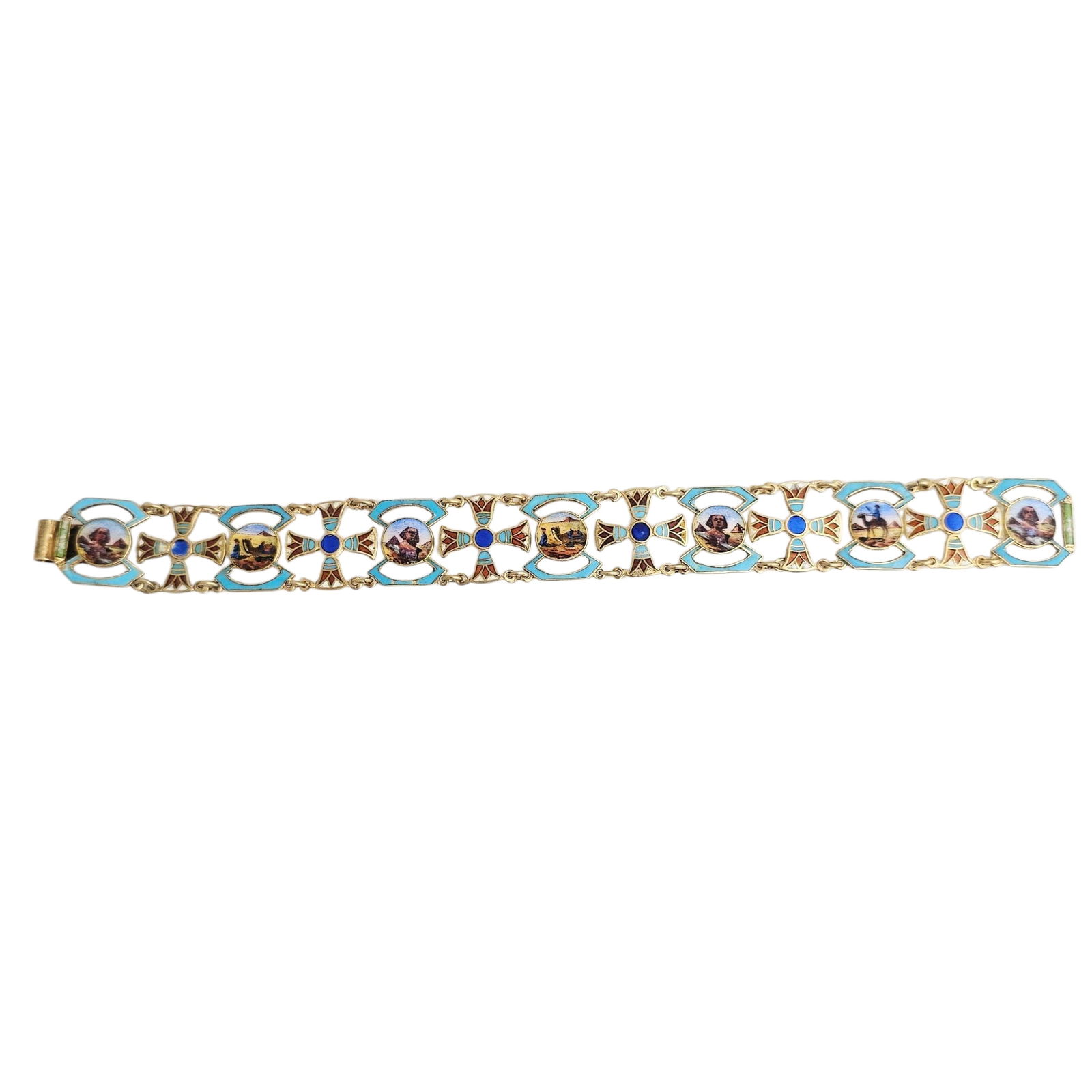 Art Deco Egyptian Revival Enamel, Silver Gilt Souvenir Bracelet (1 of 8)