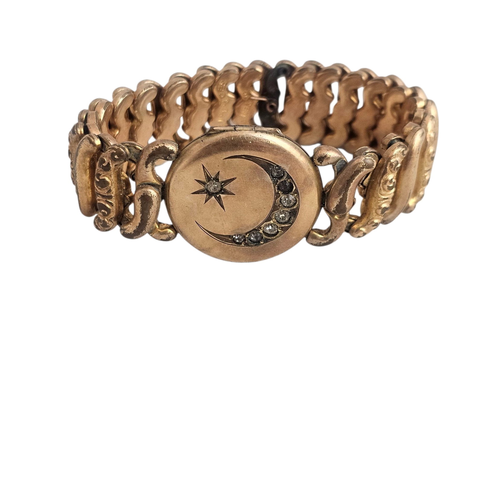 Gold-filled Victorian Crescent Sweetheart Expansion Bracelet: Central locket with crescent and star design. Wear and use as shown, consistent with age. Absence of a condition report does not indicate that this lot is in perfect condition. Please request a