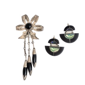 (Lot of 2) Onyx & Mexican Sterling Brooch, Abalone & Onyx Earrings