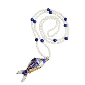 Cloisonne Fish On A Strand of Pearl & Lapis