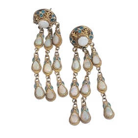 Pair of Chinese Export Opal, Enamel, Silver Gilt Earrings