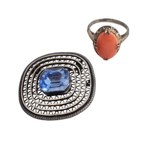 (Lot of 2) Art Deco Coral Ring & Israel Sterling with Glass Brooch