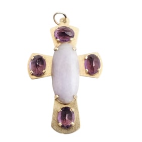 Lavender Jade, Amethyst, 14k Yellow Gold Cross Pendant