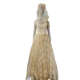 Vintage Tulle and Lace Full-Length Bridal Gown with Headpiece