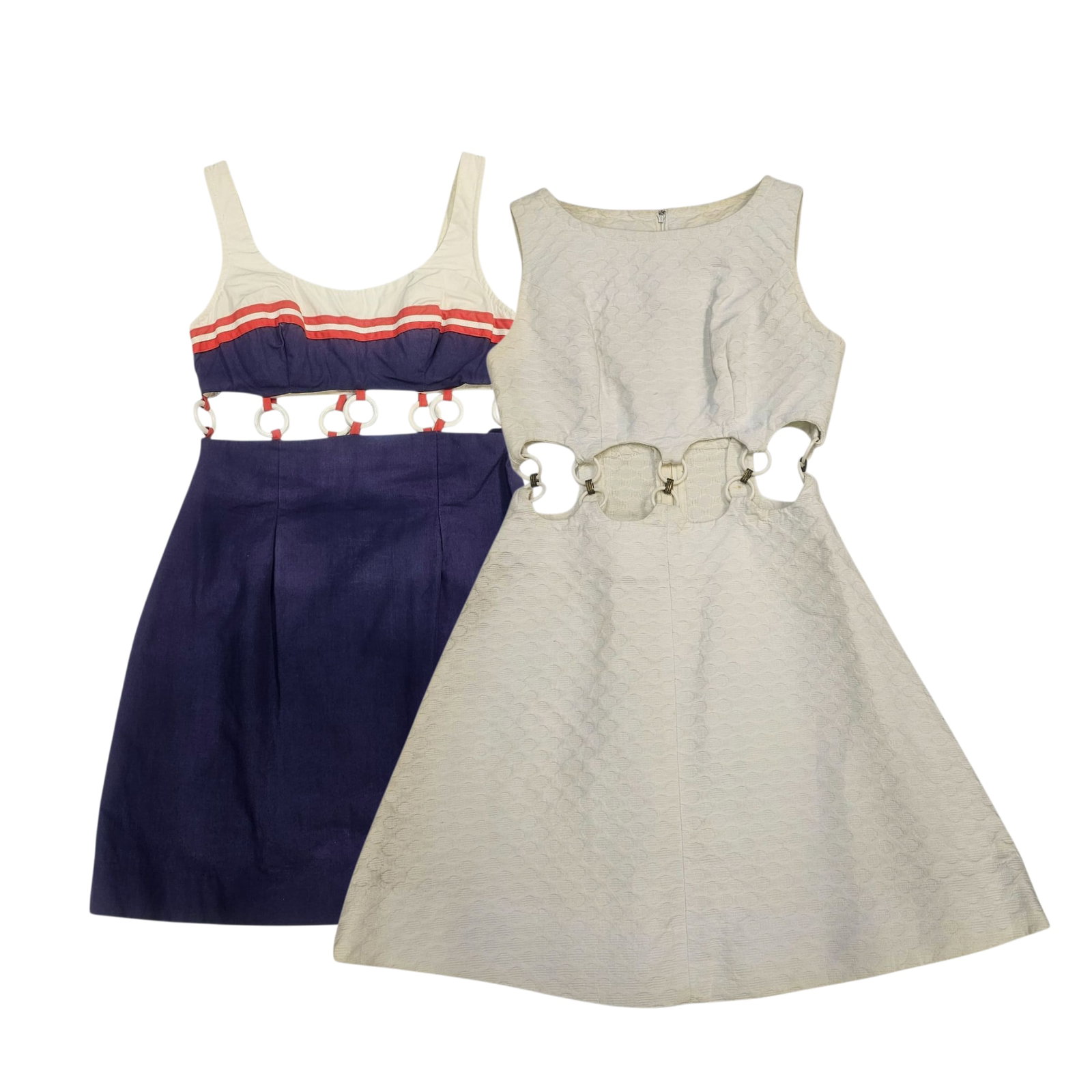 (Lot of 2) 1960's Modernist Peekaboo Dress Group: White dress: Sue Brett 26"waist, 32"bust, 33" long; red, white and purple dress: Peck and Peck, 25"waist, 30"bust, 31" long Absence of a condition report does n