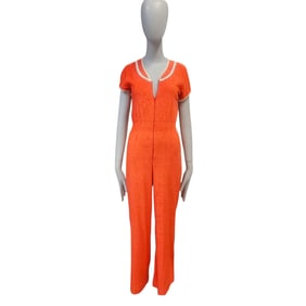 1970's Vintage Orange and White Terrycloth Tracksuit Romper, Unbranded