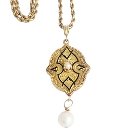 Cultured Pearl, Enamel, 14k Yellow Gold Necklace