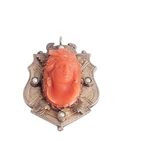 Victorian Coral Cameo, Masonic, 10k Pendant