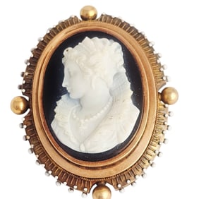 Victorian Hardstone Cameo, Enamel, 14k Pin Pendant