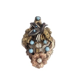 Victorian Pearl, Glass, 10k, Silver, Bird with Nest Ring