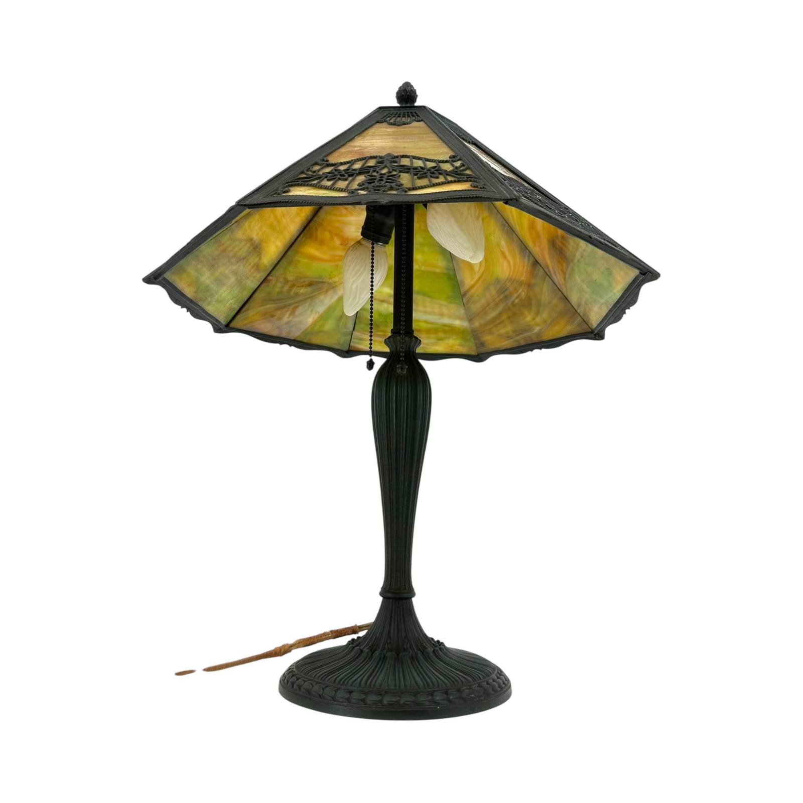 Circa 1920's Bradley and Hubbard Style Slag Glass Table Lamp: 23"h x 18.25"dia. Absence of a condition report does not indicate that this lot is in perfect condition. Please request a condition report as needed, prior to bidding on this lot. Lots