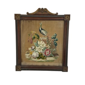 Antique Victorian Needlework Embroidery Fire screen, Now as a Framed Wall Hanging