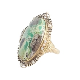 Turquoise, Seed Pearl, 14k Yellow Gold Ring