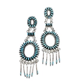 Pair of Zuni Needlepoint Turquoise, Sterling Silver Earrings