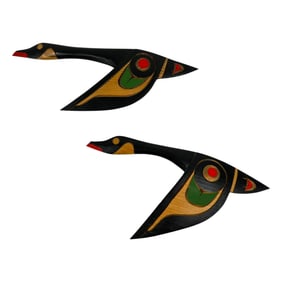 (Lot of 2) Doug Harper Pacific Northwest Native American Style Wood and Painted Geese