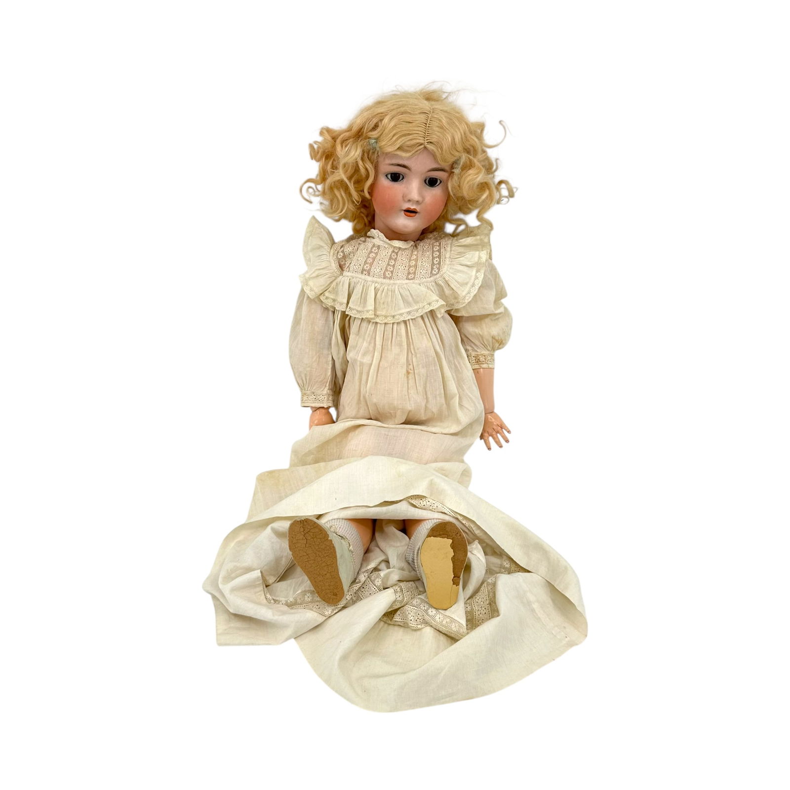 Antique German Kley and Hahn Porcelain Bisque and Articulated Composite Body Doll: "Walkure" by Kley and Hahn, having brown sleepy eyes, with open mouth and articulated limbs, in period clothing, approx 28"l. Lots are sold as-is. Please inquire for any additional deta