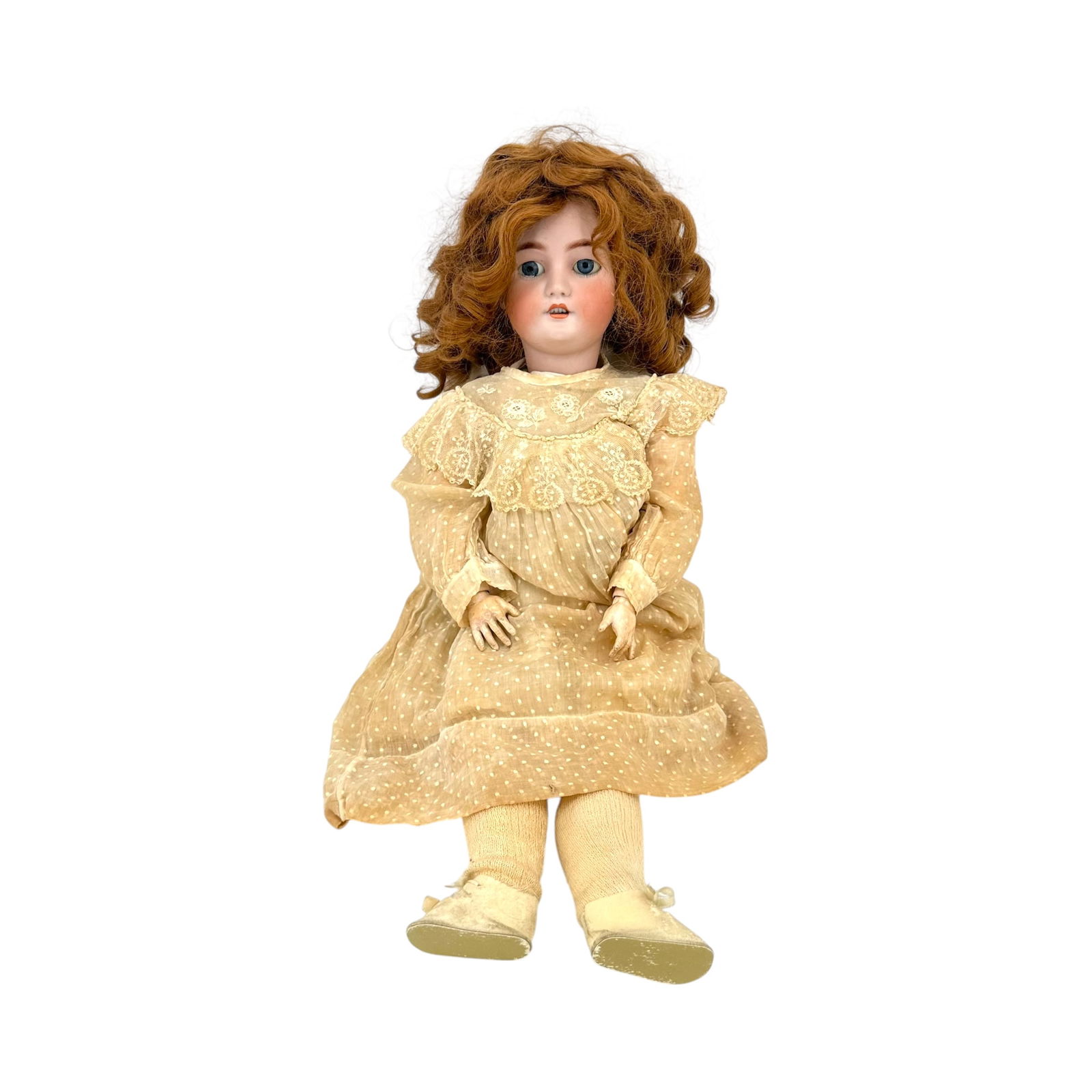 Antique German CM Bergmann Simon and Halbig Porcelain Bisque and Articulated Composite Body Doll: Having blue sleepy eyes, and open mouth with white teeth, articulated composite body, in period clothing, with a red curly haired wig, approx. 27"l Absence of a condition report does not in