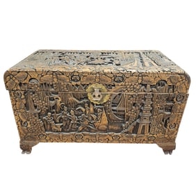 A Carved Camphor Wood Chest with Figural Decoration, China/Hong Kong
