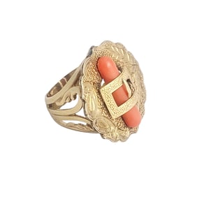 Coral, 14k Yellow Gold Buckle Ring