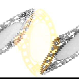 Opal, Diamond, 14k Yellow Gold Ring: Featuring an oval opal cabochon measuring approximately 19.2 x 10.0 mm, accented by four full-cut diamonds weighing a total of approximately 0.12 cttw., set in a 14k yellow gold ring mounting, size 7