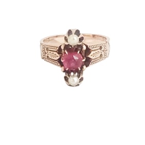 Victorian Ruby Doublet, Seed Pearl, 14k Rose Gold Ring