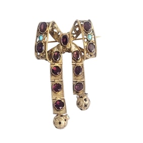 Victorian Garnet, Turquoise, Silver Gilt Bow Brooch