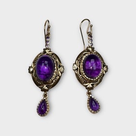 Pair of Victorian Revival Amethyst, 10k Yellow Gold Earrings