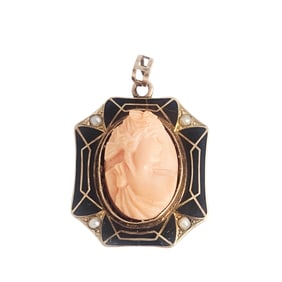 Antique Coral Cameo, Seed Pearl, Enamel, 10k Pendant