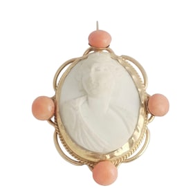 Lava Cameo, Coral, 14k Yellow Gold Pin Pendant