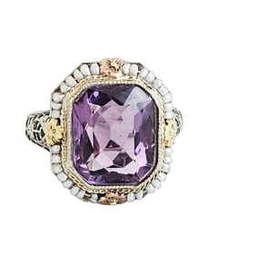 Art Deco Amethyst, Seed Pearl, 18k Ring