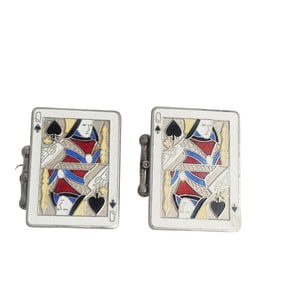 Pair of Enamel, Sterling Silver 'Queen of Spades' Cufflinks