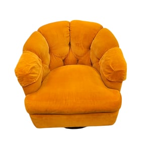 Circa 1970s Orange Velour Upholstered Tufted Swivel Club Chair
