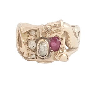 Antique Diamond, Ruby, 14k Yellow Gold Dragon Ring