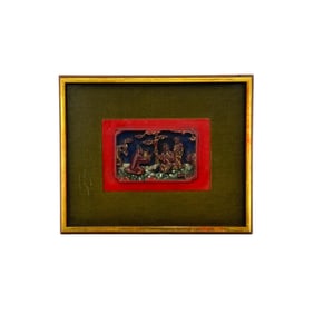 Chinese Relief Carved Wood and Red Lacquered Abalone Figural Reserve