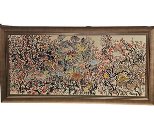 Nishikawa (Japanese, 20th Century) Asian Framed Ink "Mural" of Flowers