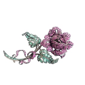 Emerald, Pink Sapphire, Silver Flower Brooch