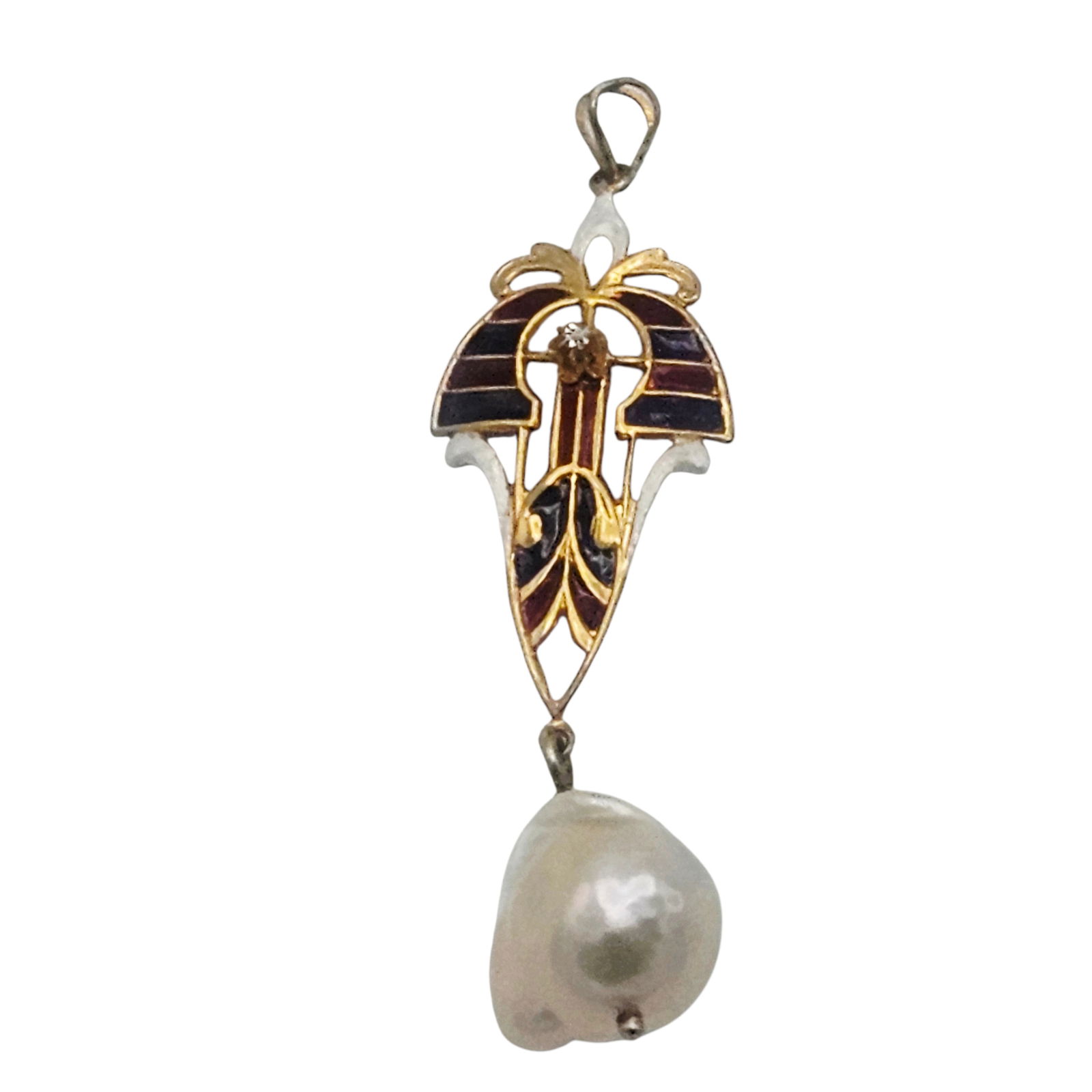Diamond, Freshwater Pearl, Plique-a-Jour Enamel, 10k Lavalier: Centering an old cut diamond weighing approximately 0.02 ct., highlighted by purple and red plique-a-jour enamel and white enamel, and suspending a baroque freshwater pearl, all set in a 10k yellow go