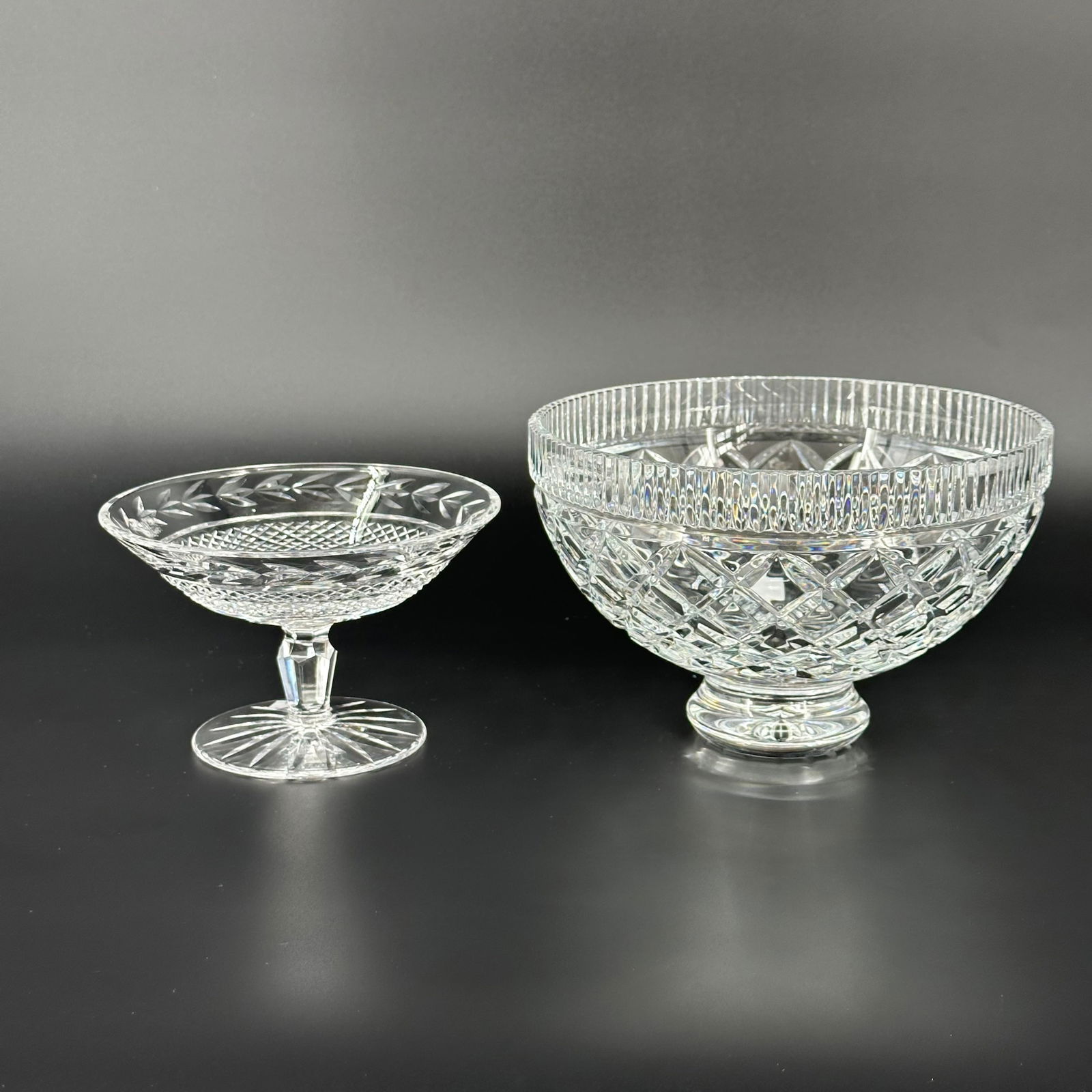(Lot of) 2 Waterford Crystal Bowls: (Lot of) 2 Waterford crystal bowls, the smaller one is footed. Both signed on the bottom. Largest measures approximately 8 in D x 5 in H. Condition is good with no signs of damage.